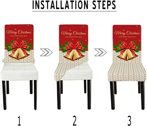 Vista 4 de XMNTG Juego de 6 fundas elásticas para sillas de comedor de Navidad, fundas para sillas Parsons, campanas de lazo, estampadas, extraíbles