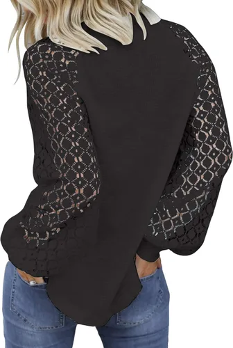 Vista 2 de MIHOLL - Camisa de encaje de manga larga para mujer, estilo informal, corte suelto