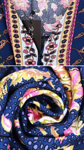 Vista 7 de RVivimos Vestido midi de manga larga de algodón con cuello en V y botones para mujer con estampado floral bohemio