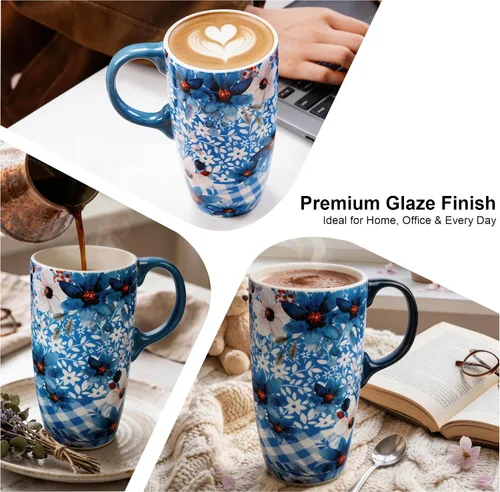 Vista 8 de Topadorn Taza de Cerámica para Café de Porcelana Latte Taza de Té con Tapa en Caja de Regalo 17oz, Flores Azules