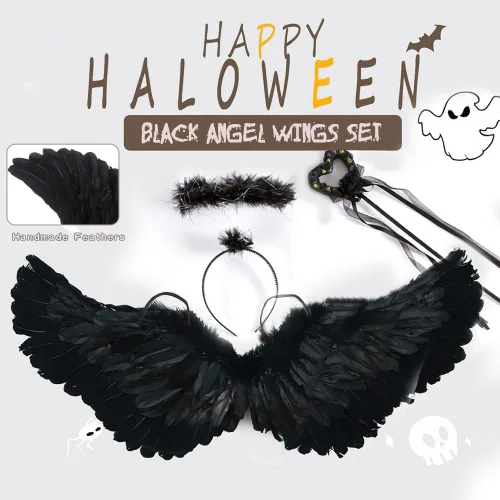 Vista 5 de Black Angel Wings Set,3PCS Halloween Angel Costume, Black Angel Accessories Set Halloween Angel Costume for Halloween Christmas Party (Black)