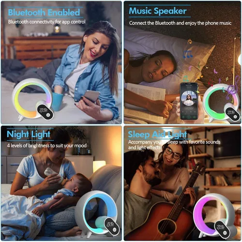 Vista 6 de Luz de despertador, reloj despertador inteligente para niños y bebés, máquina de sonido con 15 sonidos relajantes, altavoz Bluetooth, luz nocturna