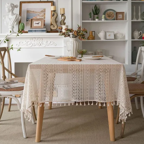 Vista 2 de Mantel bohemio hecho a mano con diamantes de ganchillo, mantel de lino bordado beige para boda, mantel cuadrado elegante para decoración de mesa