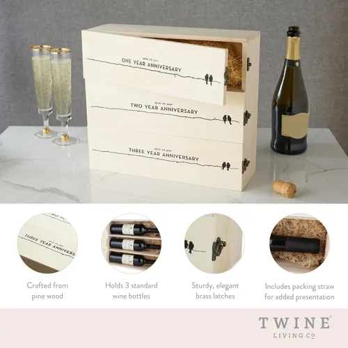 Vista 2 de Twine Marketplace Caja de Vino con 3 botellas para Cumpleaños., Aniversario, Blanco
