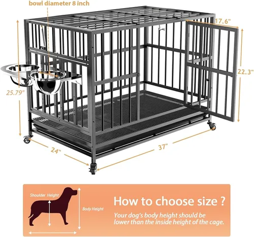 Vista 2 de LOVMOR Jaula para perros resistente de 37 pulgadas con ruedas/varilla de elevación de aire única, 360° y 2 cuencos ajustables, jaula para perros