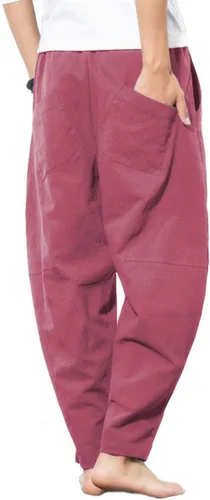 Vista 3 de PACEIADTA Pantalones casuales de lino para hombre, pantalones de playa de verano con cintura elástica suelta