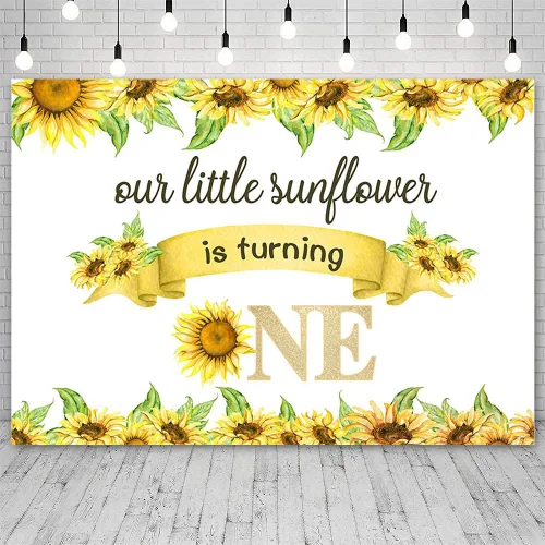 Vista 2 de Telón de fondo de feliz cumpleaños de 7 x 5 pies para bebé, niño y niña, con texto en inglés "Our Little Sunflower is Turning One", fondo blanco