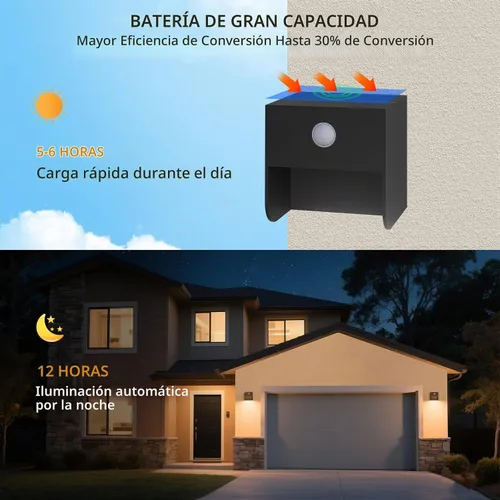 Vista 2 de Lámpara solar de pared para exteriores, paquete de 2 luces para porche, sensor de movimiento, lámpara de pared del atardecer al amanecer