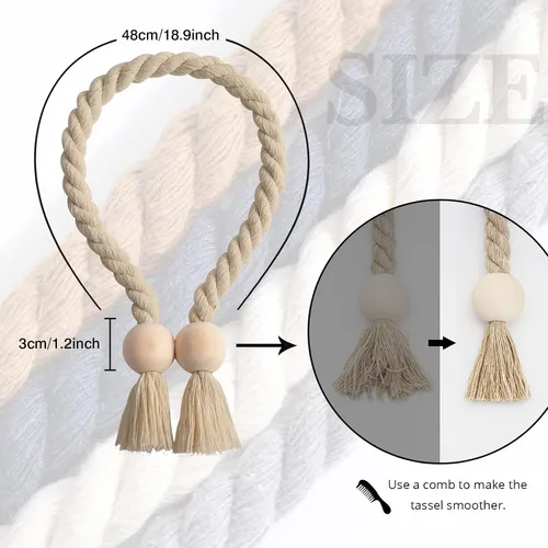 Vista 4 de NICEEC 6 Pack de alzapaños magnéticos de bola de madera para cortinas, decoración boho para el hogar, lazos de cortina tejidos a mano con cuerda
