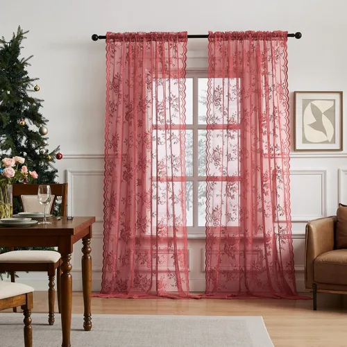Vista 35 de Cortinas de encaje beige, juego de 2 paneles de cortinas traslúcidas con bolsillo para cortinero, decoración de ventana pequeña, baño, sótano