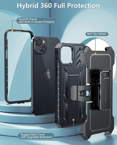 Vista 4 de FNTCASE Funda para iPhone 15 Plus: protección contra caídas Funda resistente con clip para cinturón y soporte de grado militar con textura mate TPU