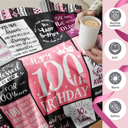 Vista 5 de Ivivis Regalos de 100º Cumpleaños para Mujeres Manta 60"x50", Suministros de Decoraciones para Fiesta de 100º Cumpleaños, Regalos de Feliz 100º