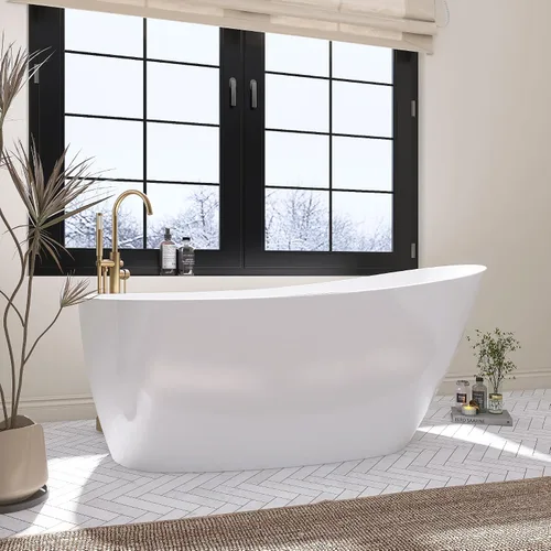 Vista 12 de Bañera independiente de 59", bañera independiente de acrílico puro, elegante bañera independiente contemporánea de remojo profundo, certificada cUPC