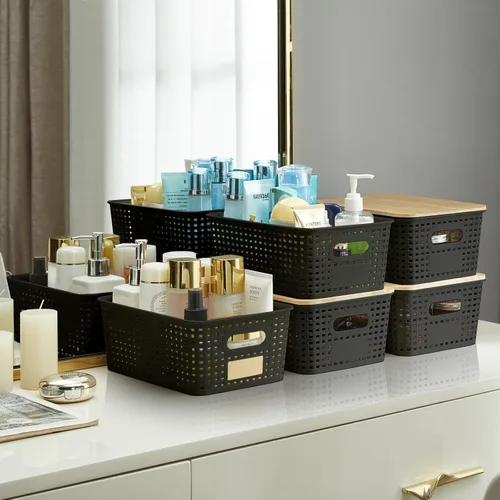 Vista 5 de Bagnizer Contenedores pequeños de plástico con tapas de bambú de 5.2 cuartos de galón, cesta apilable para despensa, contenedores decorativos lindos