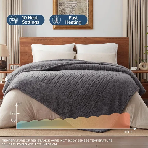 Vista 4 de Westinghouse Manta eléctrica tamaño individual, manta térmica Sherpa de felpa suave con 10 niveles de calefacción y 1-12 horas de apagado Gris oscuro