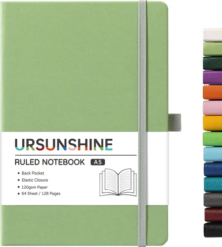 Vista 38 de Cuaderno punteado, diario, 5.3 x 8.26 pulgadas, tapa dura, prémium, papel grueso, doble espiral, bandas, cuero negro sintético, lazo para bolígrafo