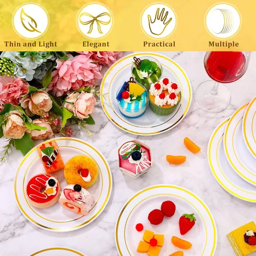 Vista 6 de Sieral 200 platos desechables de plástico para fiestas con borde de plástico duro, aperitivo, ensalada, postre de 7.5 pulgadas, elegante vajilla