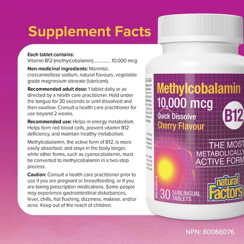 Vista 4 de Natural Factors Metilcobalamina 10,000 mcg - Suplemento de vitamina B12 en forma metabólicamente activa - Suplemento apoya la formación celular