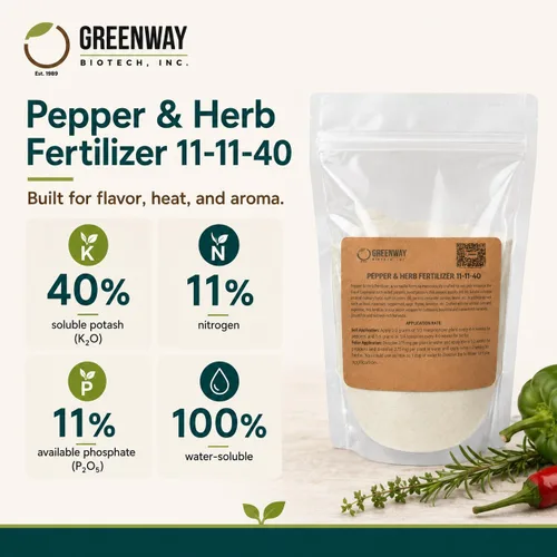 Vista 2 de Greenway Biotech, Inc. Fertilizante de pimienta y hierbas 11-11-40 en polvo - Soluble en agua con micronutrientes quelados para pimientos picantes