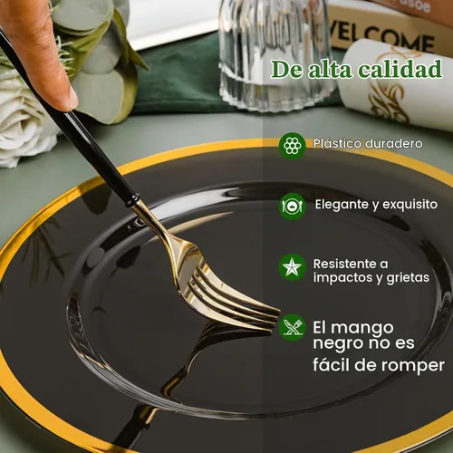 Vista 4 de N9R Juego de cubiertos de plástico dorado - 90 piezas con mango negro - Cubiertos de plástico elegantes, resistentes - 30 cucharas, 30 tenedores, 30
