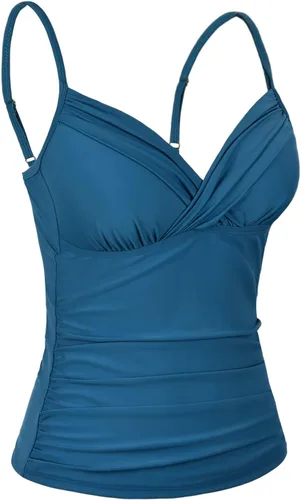 Vista 2 de coastal rose Tankini para mujer, cuello en V, parte superior de traje de baño fruncido con control de abdomen
