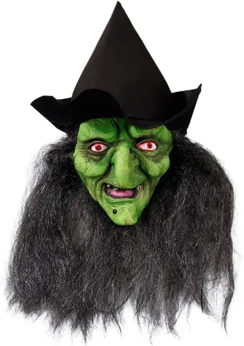 Vista 7 de Máscara facial de bruja de anciana con pelo y sombrero, disfraz de látex para Halloween, espeluznante y aterrador, disfraz de bruja para fiesta
