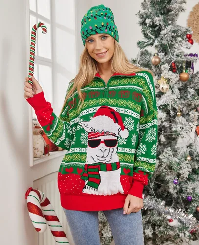 Vista 2 de uideazone Suéter feo de Navidad para mujer, con cremallera de un cuarto, suéter de punto para fiesta de vacaciones S-XL