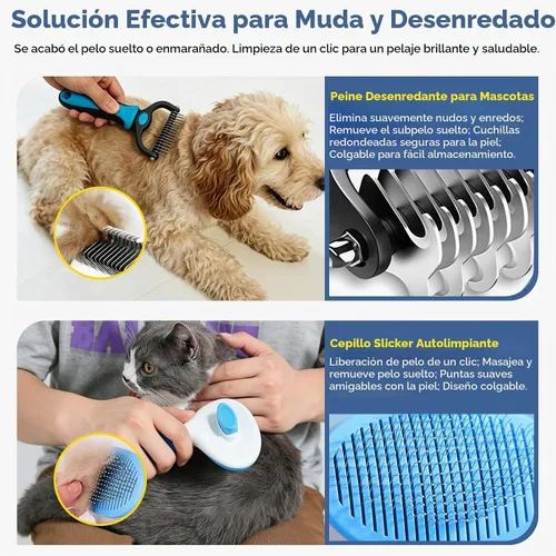 Vista 4 de 11 Piece Dog Grooming Kit - Hair, Nail, Massage Bath Supplies For Pets Cats Blue