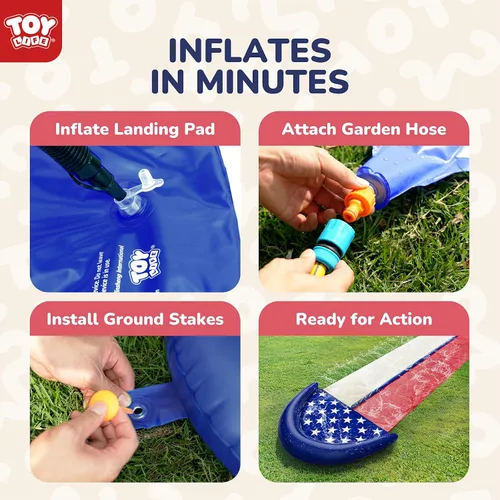 Vista 6 de TOY Life Toboganes acuáticos gigantes de bandera estadounidense para niños, tobogán acuático de 20 pies, patio trasero con 2 tablas de bodyboard, 2