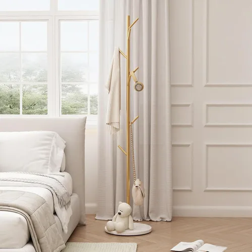 Vista 9 de Percheros de metal dorado, perchero de pie con base pesada, moderno árbol de abrigo con barra transversal y 3 ganchos, percheros de entrada