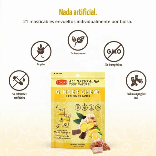 Vista 2 de Pocas Lemon Ginger Chews - Masticables de jengibre dulce y picante, bocadillos bajos en calorías envueltos individualmente, caramelo de jengibre