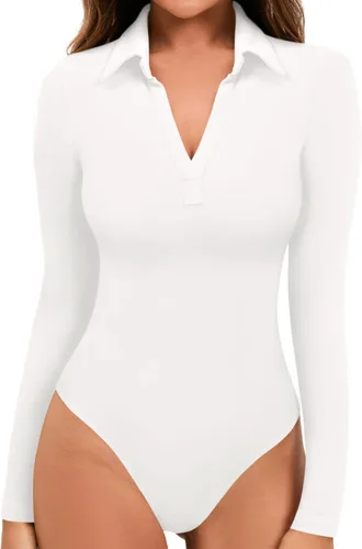 Vista 2 de MANGOPOP Collared V Neck Bodysuit Long Sleeve for Women Long Short Sleeve Body Suit Work Going Out Tops Shirts