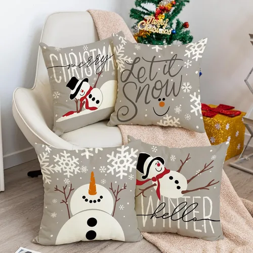 Vista 3 de Fundas de almohada navideñas de muñeco de nieve de 18 pulgadas, 4 piezas, decoraciones festivas para el hogar (4 piezas mixtas)