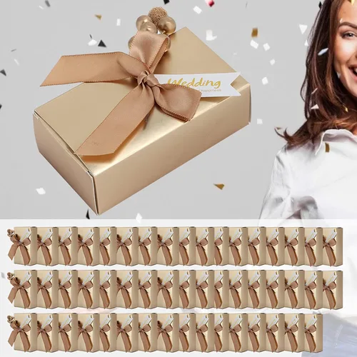Vista 4 de Cajas de recuerdos de fiesta con lazo, 50 unidades, cinta de champán, caja de regalo de papel de caramelo, bolsas rectangulares con purpurina