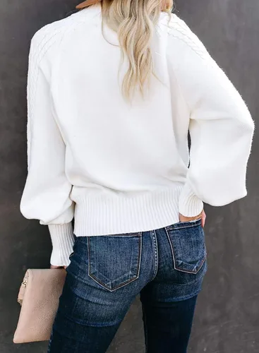 Vista 2 de Dokotoo Suéter casual de invierno para mujer, manga larga, color sólido, punto trenzado, manga de globo, cuello alto falso
