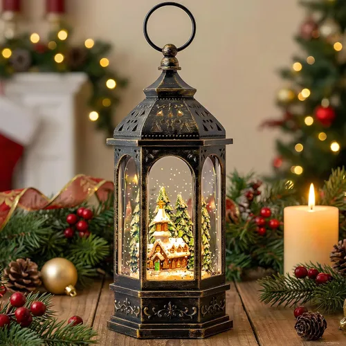 Vista 27 de Gnomos de Navidad de 10 pulgadas, linterna de globo de nieve iluminada, caprichoso árbol de Navidad y elfo escandinavo, linterna de agua musical