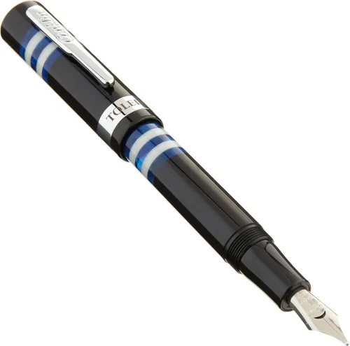 Vista 16 de Conklin Toledo - Pluma estilográfica en negro con segmentos de anillo azul y blanco, punta media, pluma estilográfica de lujo con detalles cromados