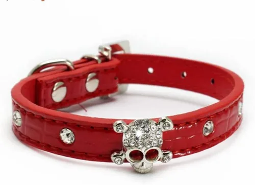 Vista 5 de Serijoars Collar de piel con diamantes de imitación de cráneo y diamantes de imitación de piel para mascotas pequeñas para perros y gatos (XS, negro)