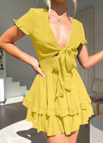 Vista 5 de PRETTYGARDEN - Mini vestido de verano con vuelo para mujer. Vestido corto acampanado con cuello en V y manga corta con volantes en la parte delantera