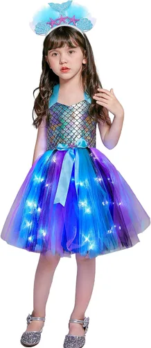 Vista 3 de Davsolly Mermaid Costume for Girls Led Light Up Mermaid Princess Tutu for Birthday Halloween Cosplay Christmas Dress Up Gifts