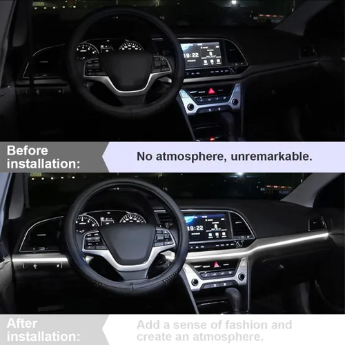 Vista 4 de Tira de luces LED para el interior del automóvil, 16 pies de luz de neón con borde de costura para encendedor de cigarrillos automáticos, kits