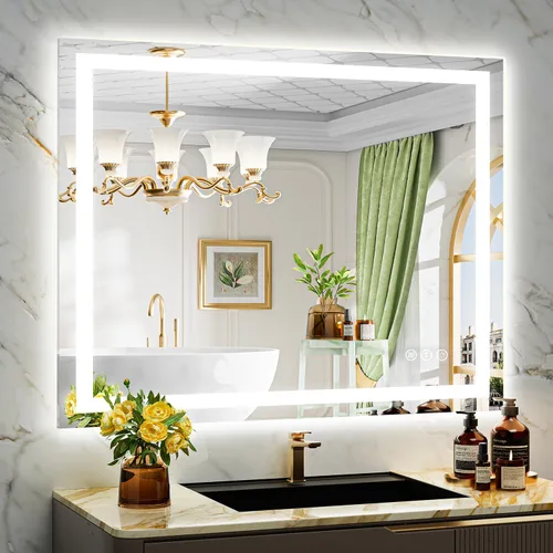 Vista 11 de Espejo de baño LED de 24x30 pulgadas con luces, espejo de tocador frontal y retroiluminado para pared de baño con 3 colores, regulable