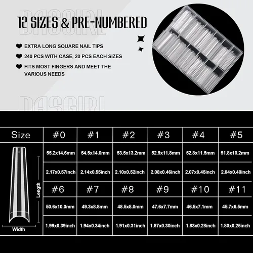 Vista 2 de 504pcs Long Coffin Nail Tips, Pre-shaped Half Cover False Nails with 13 Sizes, Gel Nail Tips for Acrylic Extension, DIY Manicure and Nail Salon Use