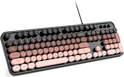 Vista 10 de MOFII Teclado de máquina de escribir con cable, tamaño completo, USB Plug and Play, teclado redondo retro con soportes plegables para PC, laptop