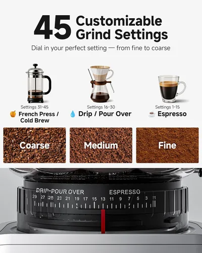 Vista 2 de AAOBOSI Espresso Coffee Grinder, Anti-Static, 45 Grind Settings,40s Timer