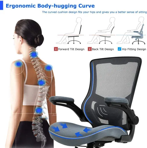 Vista 6 de Silla de oficina de malla, silla de computadora de respaldo medio con soporte lumbar y brazos abatibles, ergonómica, elegante, ajustable, giratoria