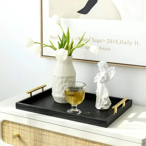 Vista 4 de Juego de 2 bandejas de servir grandes modernas y elegantes de madera, bandeja decorativa rectangular para otomana y mesa de café, de cuero