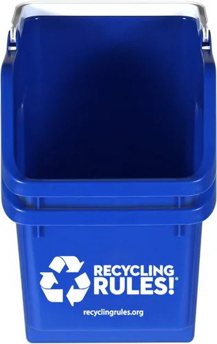 Vista 2 de ¡Reglas de reciclaje! Contenedor de papelera de reciclaje apilable de 6 galones en azul, reciclador práctico libre de BPA ecológico con asa, paquete