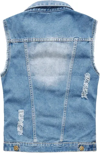Vista 4 de Pishon Chaleco de mezclilla sin mangas para hombre casual ajustado rasgado clásico con botones