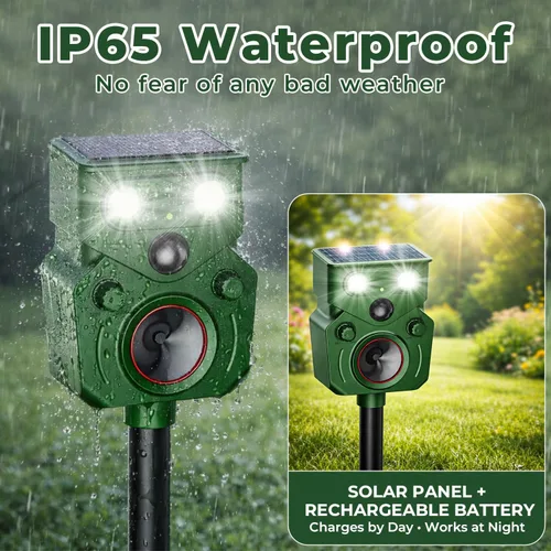 Vista 6 de Repelente solar ultrasónico de animales al aire libre – Activado por movimiento, IP65 impermeable, diseñado para desalentar a los animales